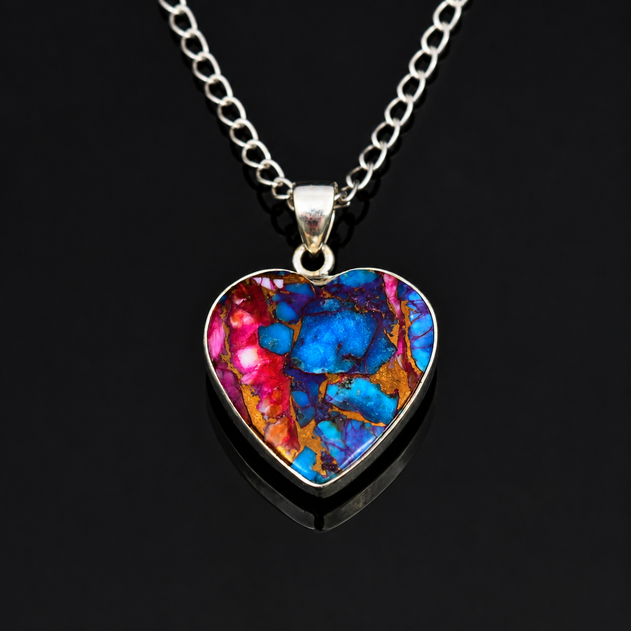 Copper turquoise and spiny oyster heart pendant necklace, full view with free sterling silver chain