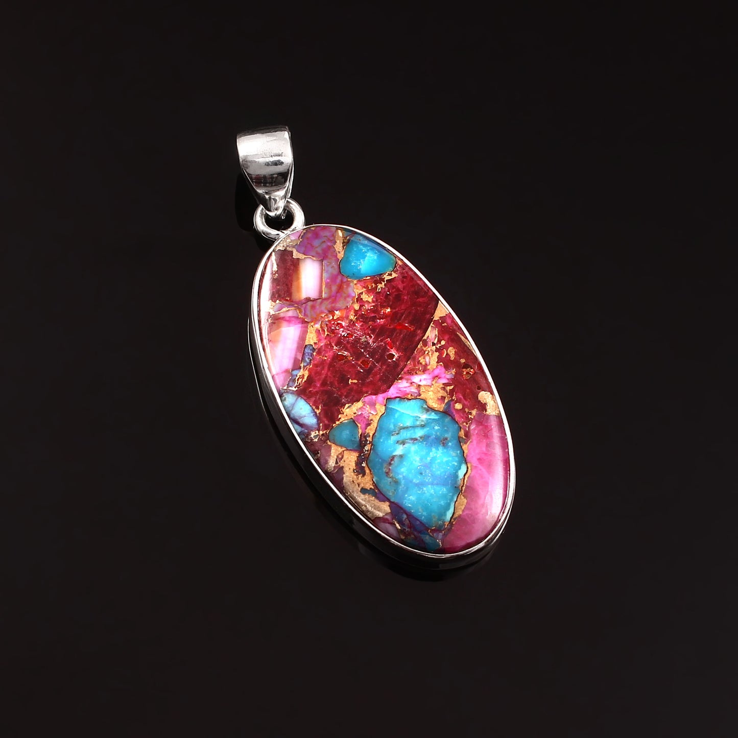 Pink Purple Turquoise Gemstone Pendant, 925 Sterling Silver, Turquoise Pendant, Oval Shape Pendant, Fashion Jewelry, 37.5Ct Approx.