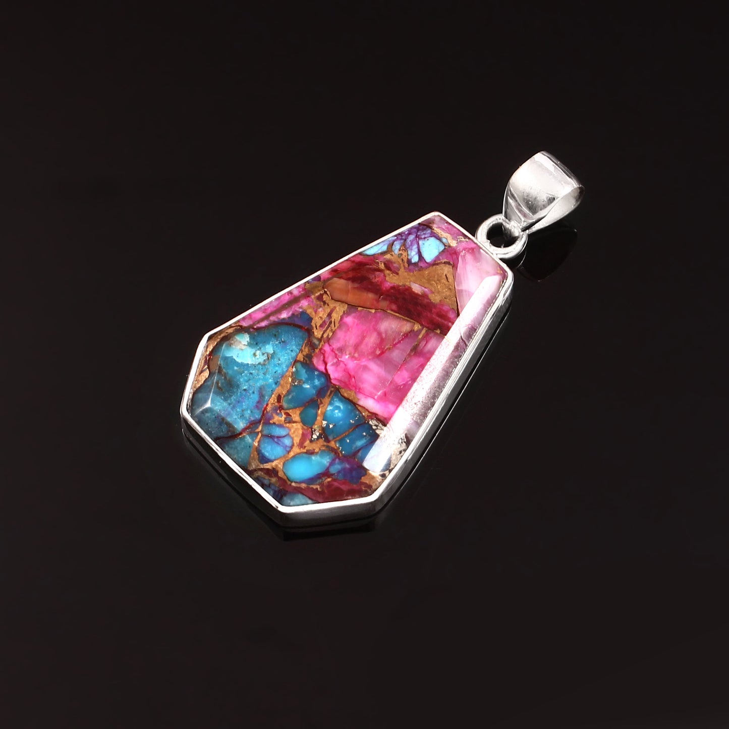Pink Purple Turquoise Gemstone Pendant, 925 Sterling Silver, Turquoise Pendant, Coffin Pendant, Fashion Jewelry, 35Ct Approx.
