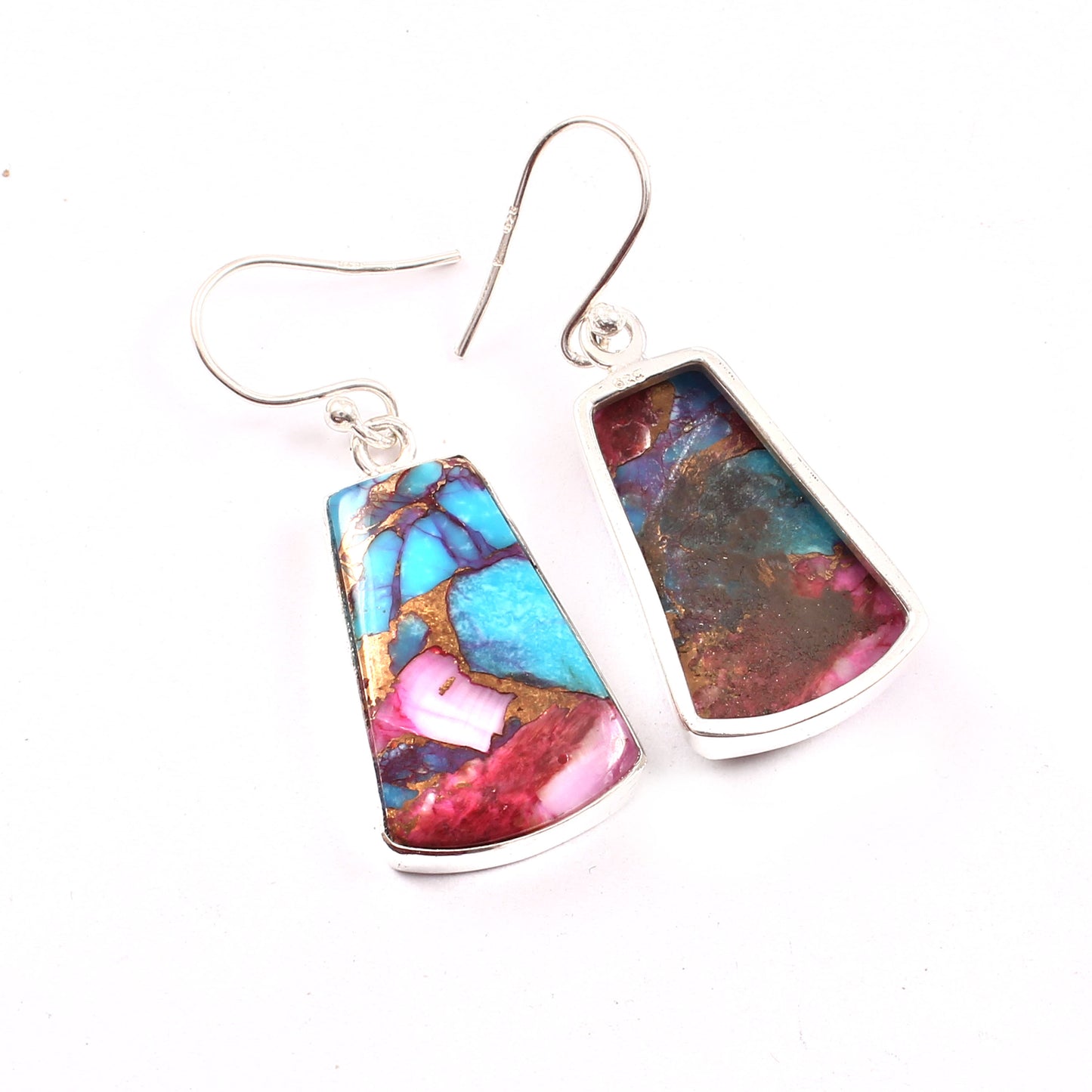 Pink Purple Copper Turquoise Earring, 925 Sterling Silver, Turquoise Earring, Copper Turquoise Trapezoid Shape Earring, 32.5Ct Approx.