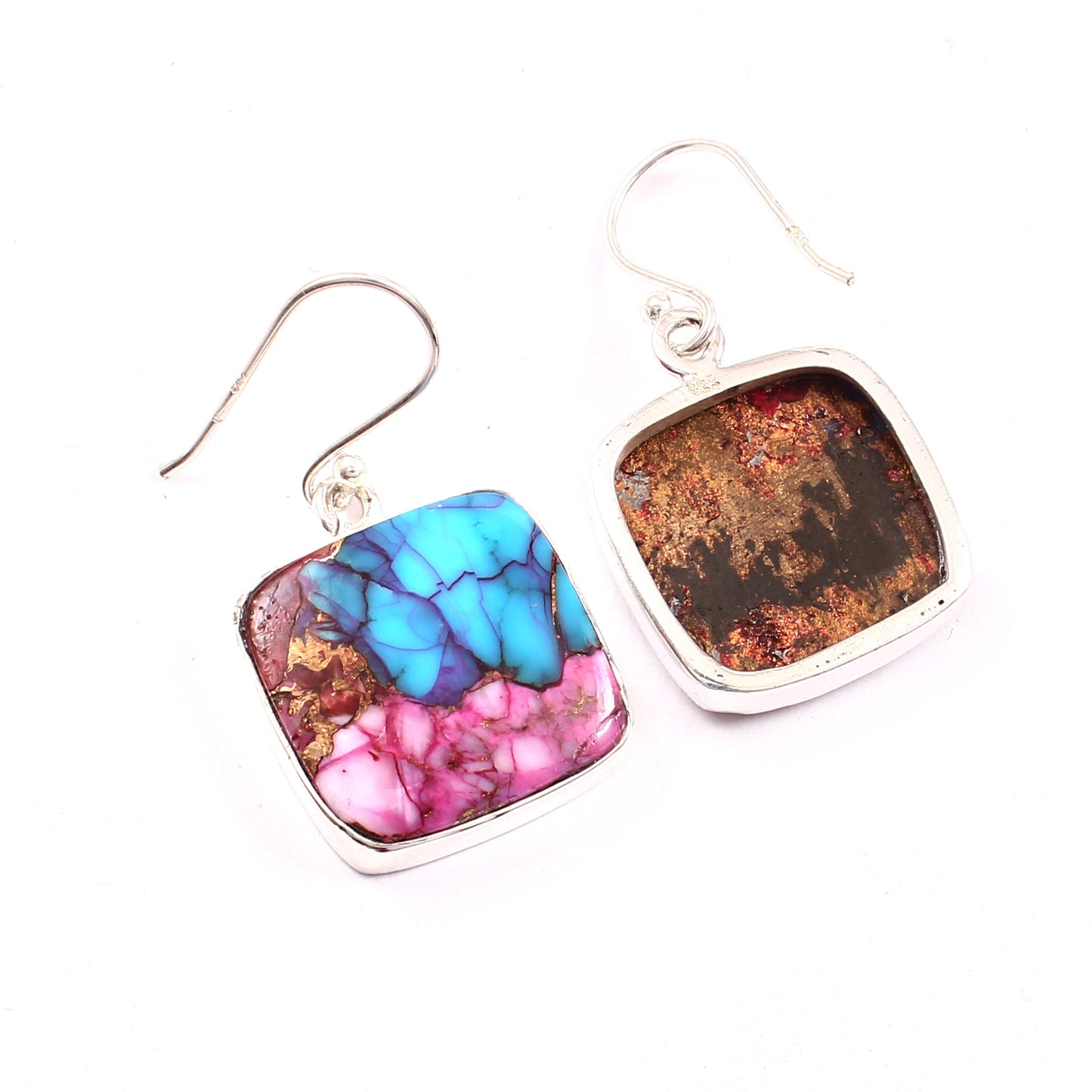 Pink Purple Copper Turquoise Earring, 925 Sterling Silver, Turquoise Earring, Copper Turquoise Cushion Shape Earring, 32.5Ct Approx.