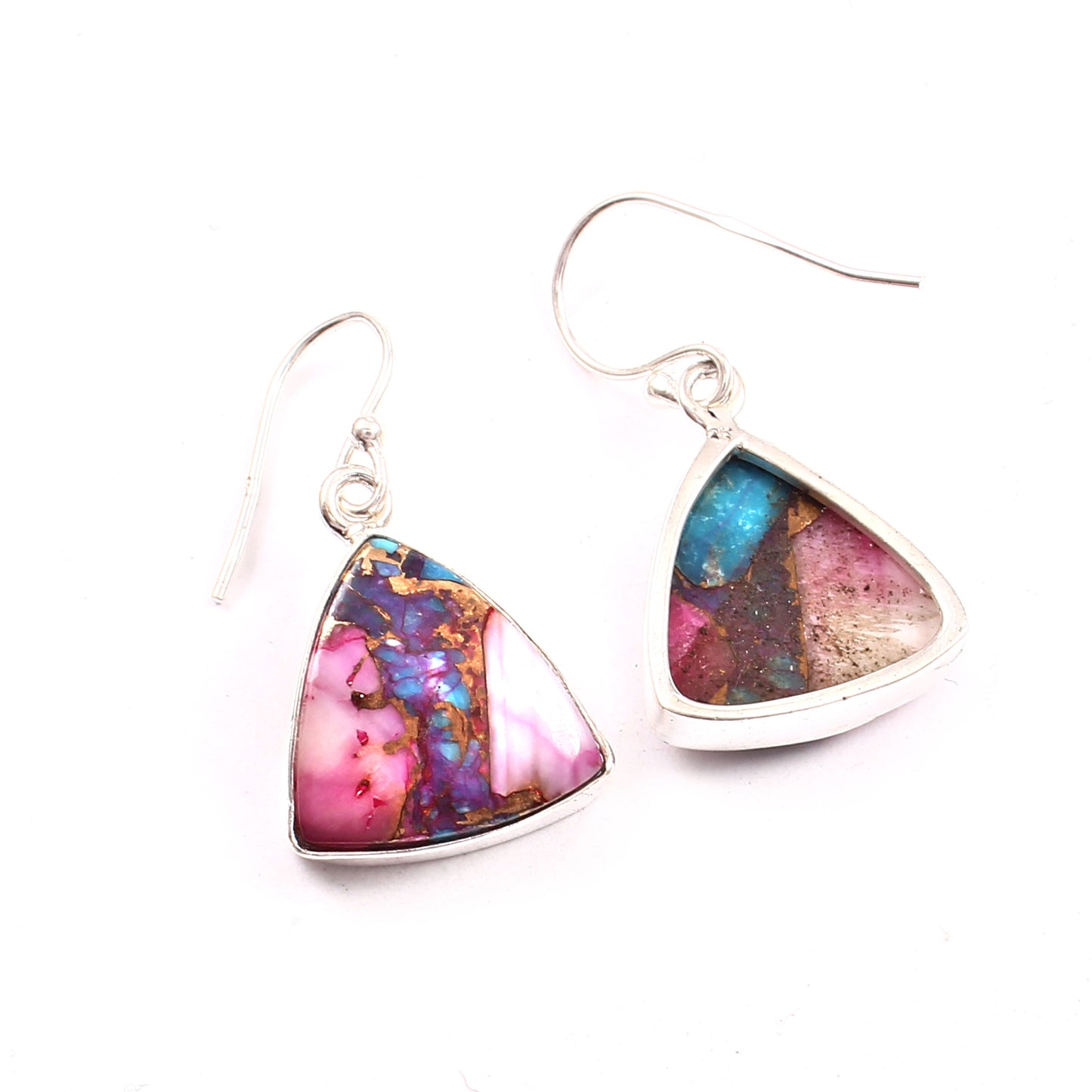 Rosa-lila Kupfer-Türkis-Ohrring, 925er Sterlingsilber, Türkis-Ohrring, Türkis-Trillion-Form-Ohrring, ca. 25 ct.