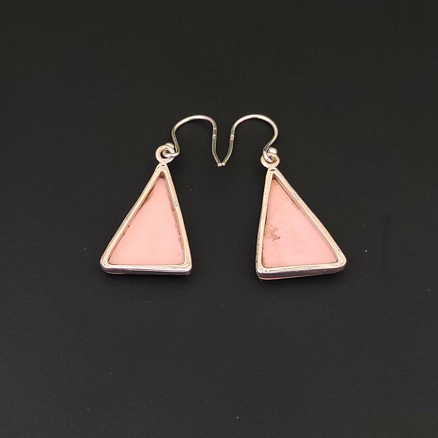 Pink Opal Gemstone Silver Earrings, 925 Solid Sterling Silver Gemstone Earrings, Handmade Trillion Shape Silver Earrings, Pink Opal Unique Earrings For Women, 26x15x4mm