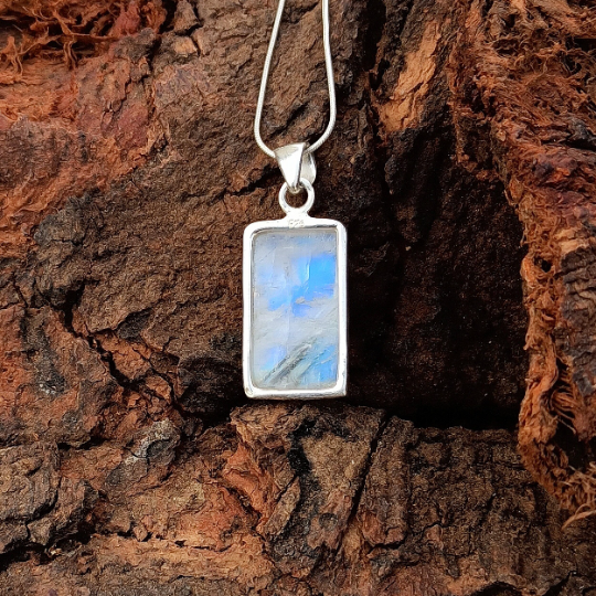 Natural Rainbow Moonstone Gemstone Silver Pendant, 925 Sterling Silver Gemstone Pendant, Baguette Shape Silver Pendant, 29x14x7mm