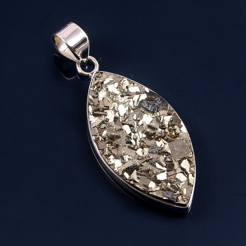 Natural Pyrite Druzy Gemstone Silver Pendant, 925 Sterling Silver Pendant, Marquise Shape Silver Pendant, 44x20x5mm