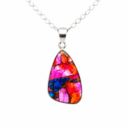 Copper Turquoise & Spiny Oyster Composite Freeform Pendant Necklace – 925 Sterling Silver