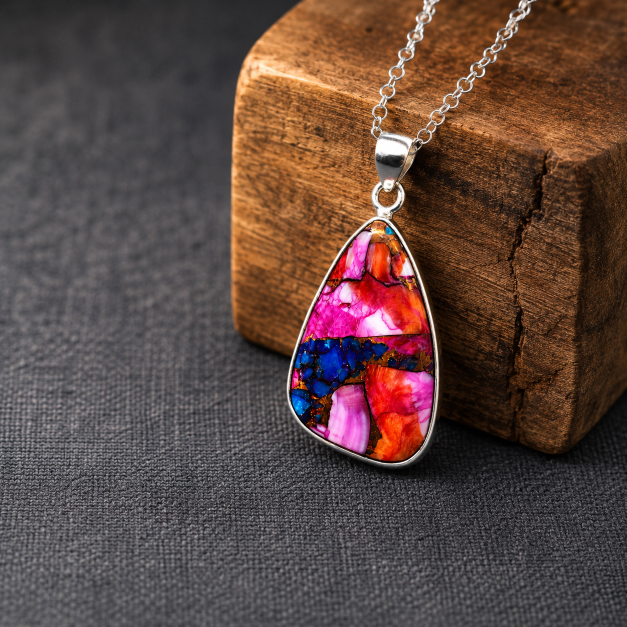 Copper Turquoise & Spiny Oyster Composite Freeform Pendant Necklace – 925 Sterling Silver
