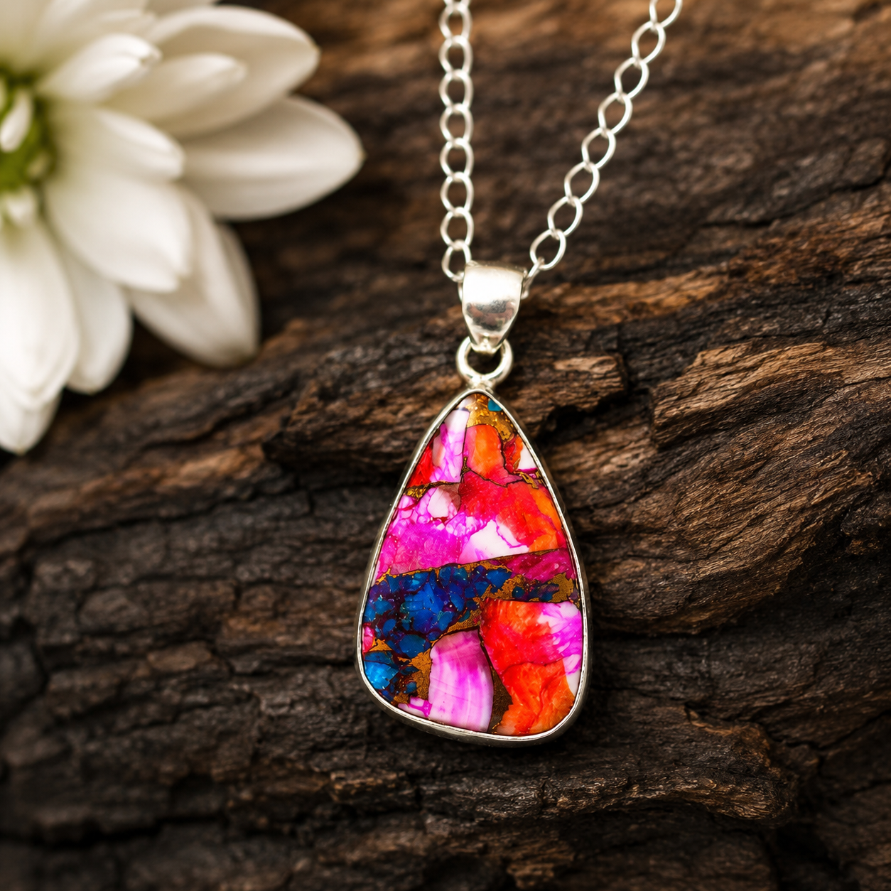 Copper Turquoise & Spiny Oyster Composite Freeform Pendant Necklace – 925 Sterling Silver