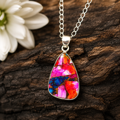 Copper Turquoise & Spiny Oyster Composite Freeform Pendant Necklace – 925 Sterling Silver