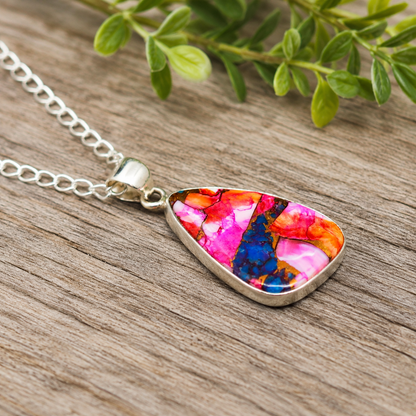Copper Turquoise & Spiny Oyster Composite Freeform Pendant Necklace – 925 Sterling Silver