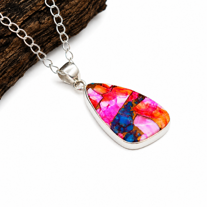 Copper Turquoise & Spiny Oyster Composite Freeform Pendant Necklace – 925 Sterling Silver