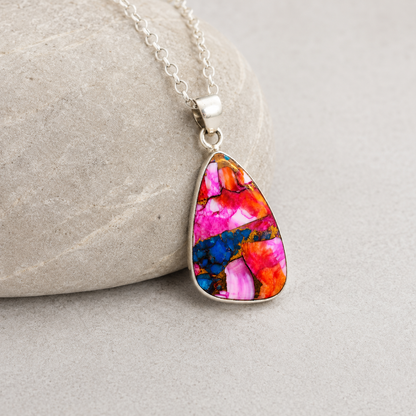 Copper Turquoise & Spiny Oyster Composite Freeform Pendant Necklace – 925 Sterling Silver