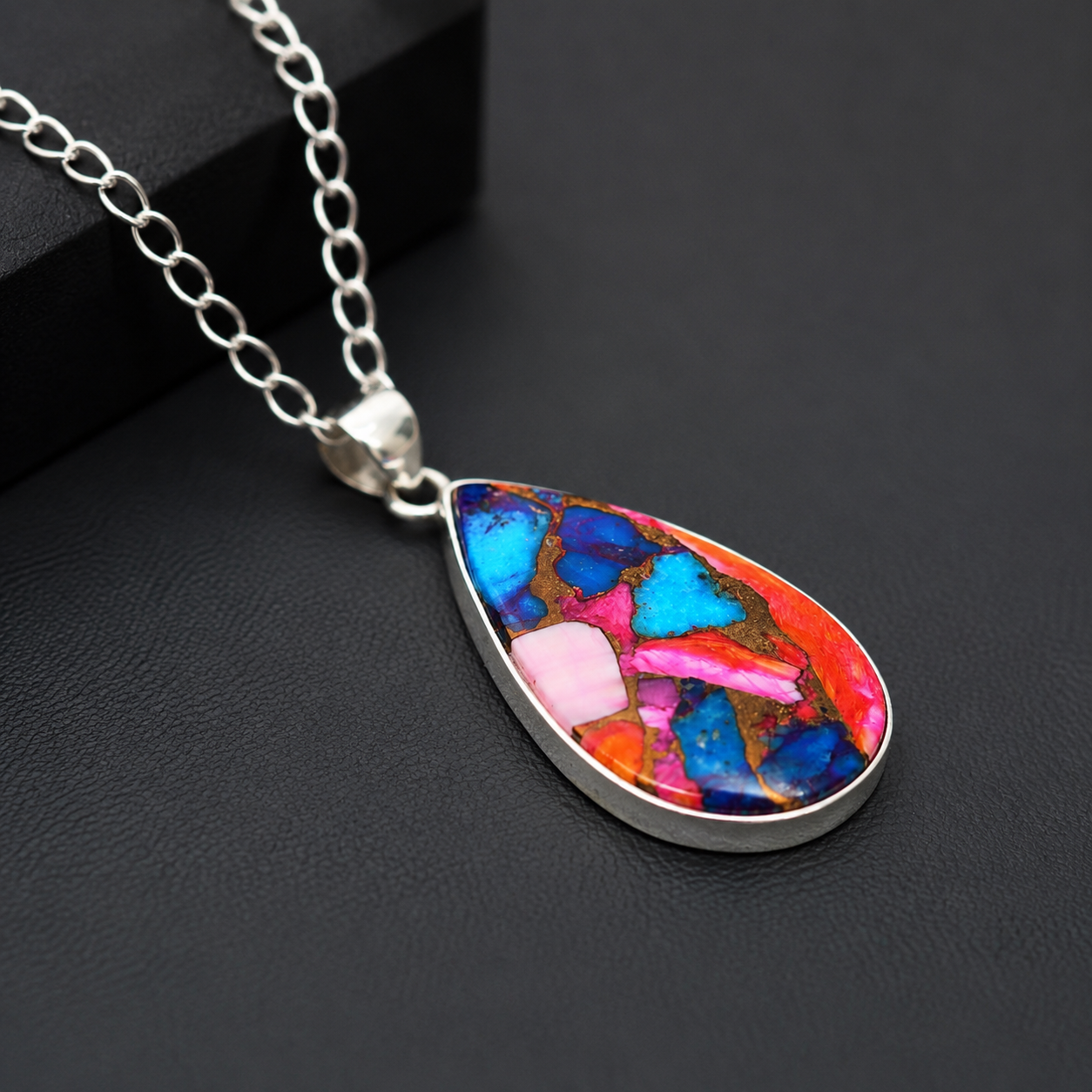 Copper turquoise and spiny oyster composite pear pendant necklace in 925 sterling silver