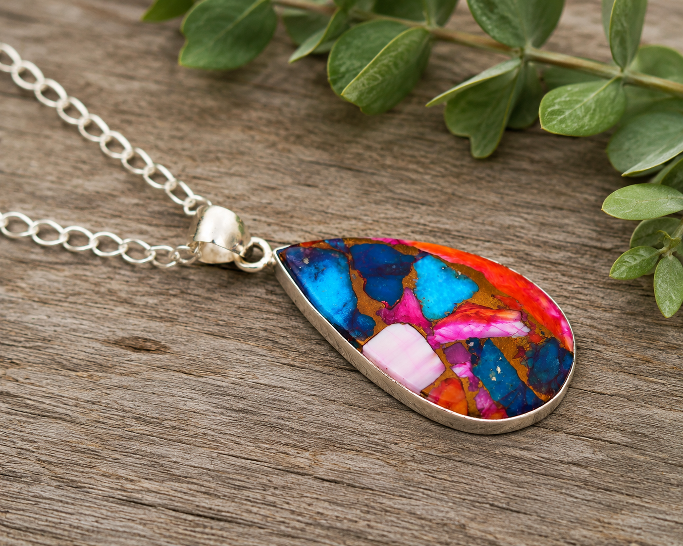 925 sterling silver chain and bail detail on copper turquoise pear pendant