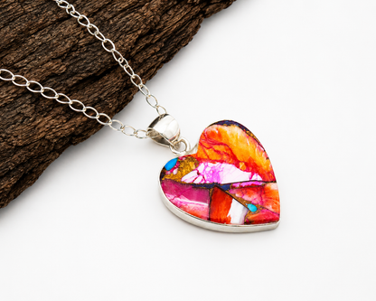 Kingman Copper Turquoise & Spiny Oyster Heart Pendant Necklace – 925 Sterling Silver