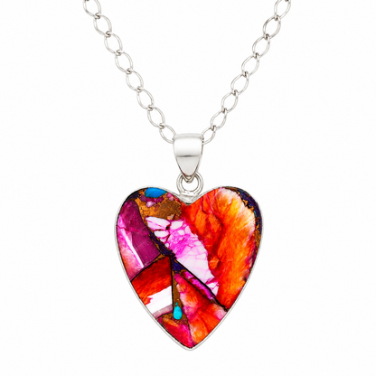 Kingman Copper Turquoise & Spiny Oyster Heart Pendant Necklace – 925 Sterling Silver