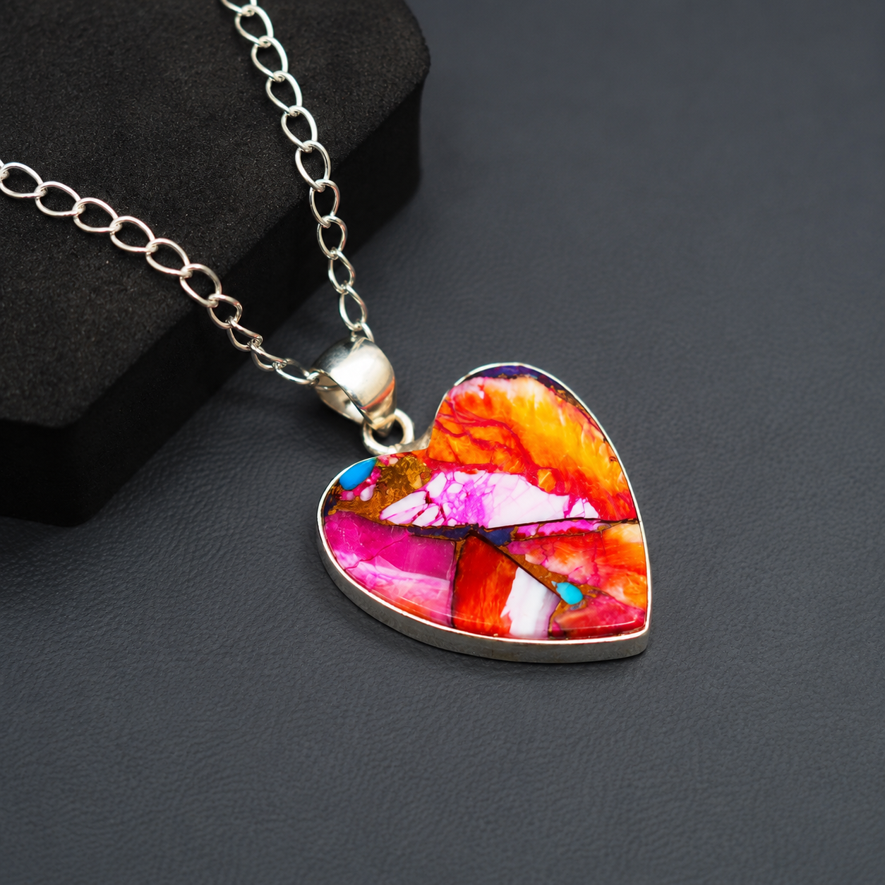 Kingman Copper Turquoise & Spiny Oyster Heart Pendant Necklace – 925 Sterling Silver