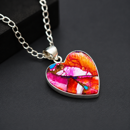 Kingman Copper Turquoise & Spiny Oyster Heart Pendant Necklace – 925 Sterling Silver