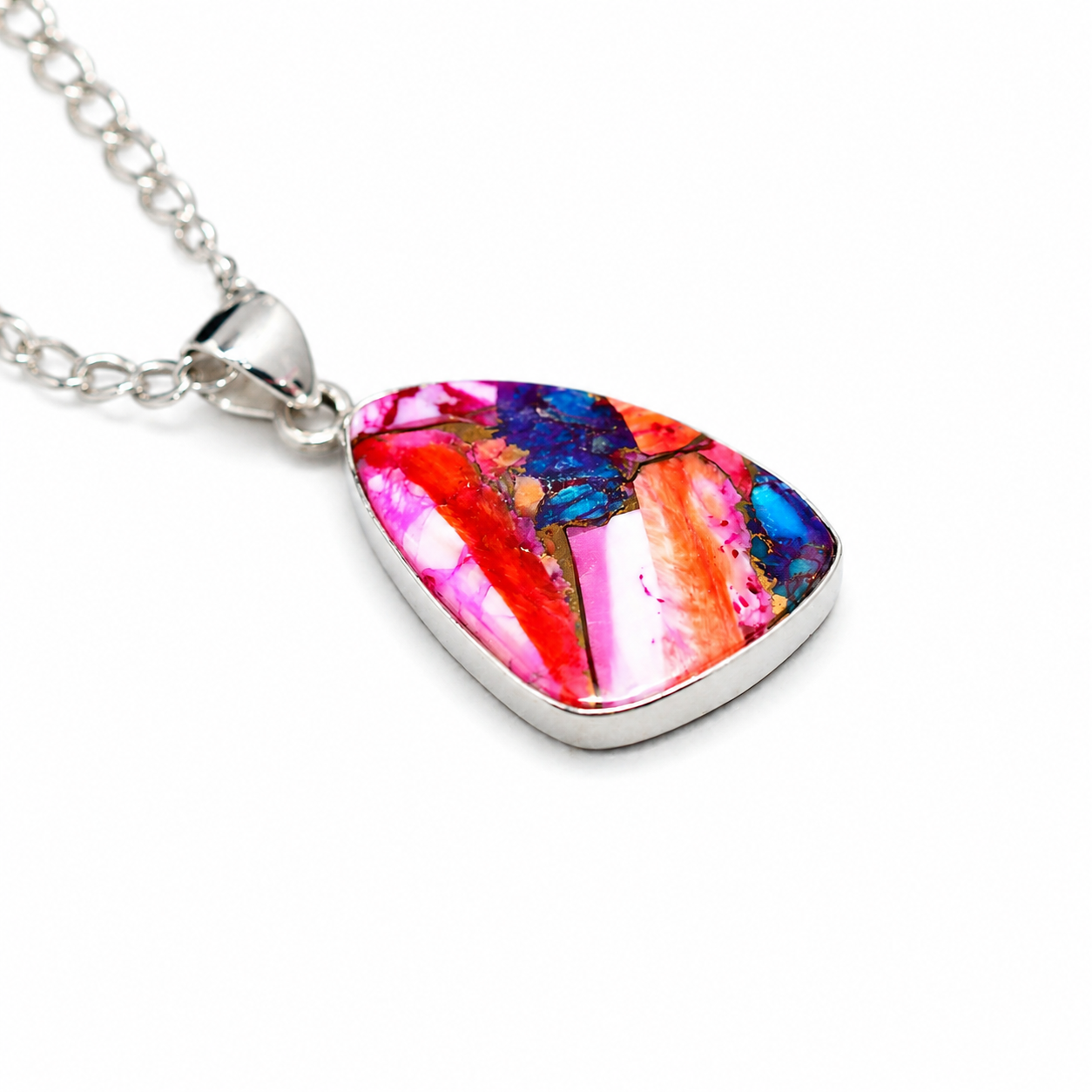 Copper Turquoise & Spiny Oyster Composite Freeform Pendant Necklace – 925 Sterling Silver