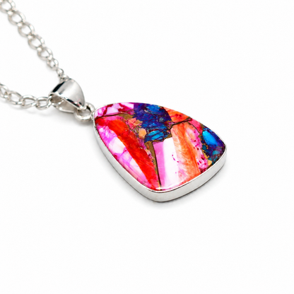 Copper Turquoise & Spiny Oyster Composite Freeform Pendant Necklace – 925 Sterling Silver