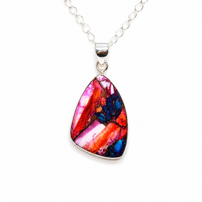 Copper Turquoise & Spiny Oyster Composite Freeform Pendant Necklace – 925 Sterling Silver