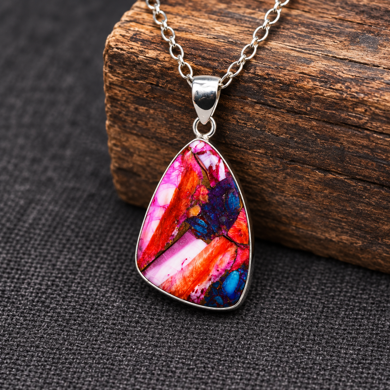 Copper Turquoise & Spiny Oyster Composite Freeform Pendant Necklace – 925 Sterling Silver
