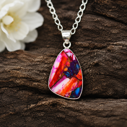 Copper Turquoise & Spiny Oyster Composite Freeform Pendant Necklace – 925 Sterling Silver