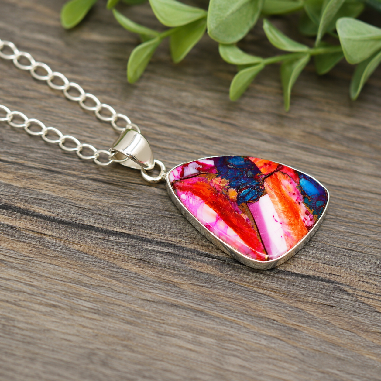 Copper Turquoise & Spiny Oyster Composite Freeform Pendant Necklace – 925 Sterling Silver