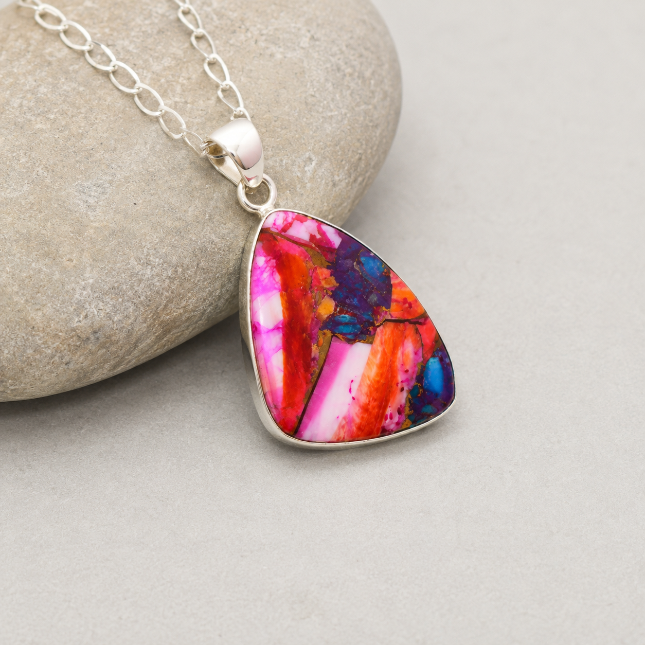 Copper Turquoise & Spiny Oyster Composite Freeform Pendant Necklace – 925 Sterling Silver
