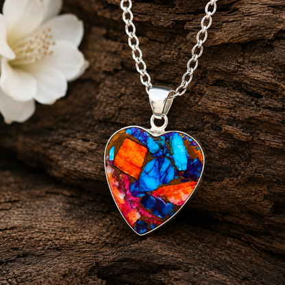 Copper turquoise and spiny oyster composite heart pendant necklace in 925 sterling silver