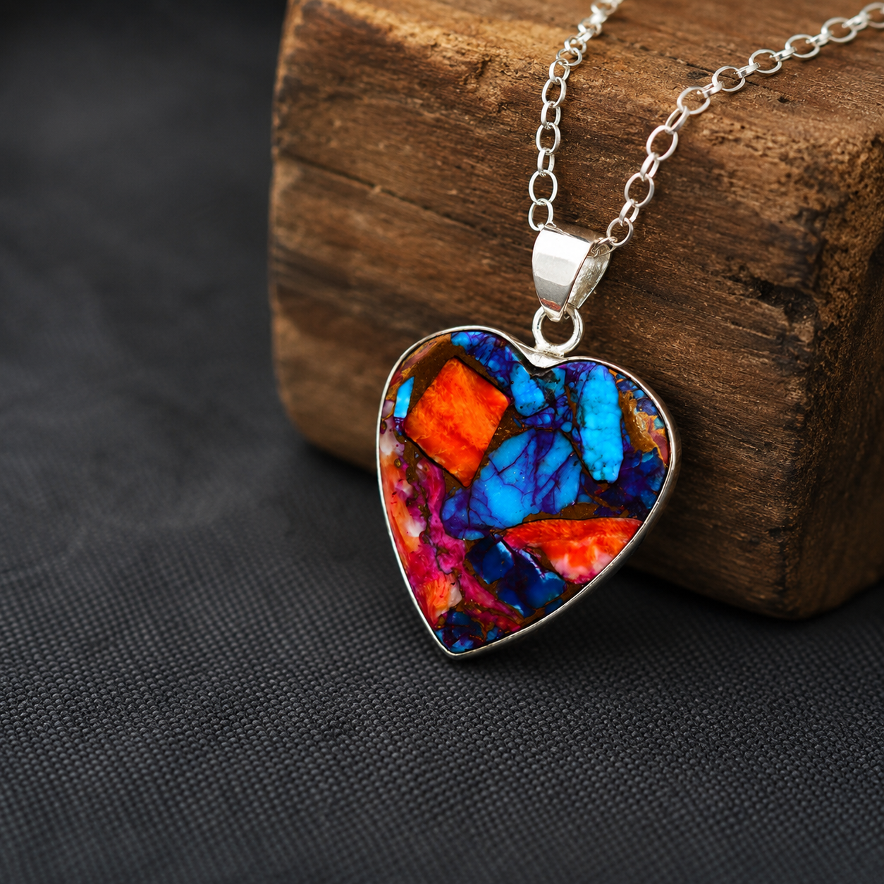 Sterling silver heart pendant necklace with copper turquoise stone, angled view