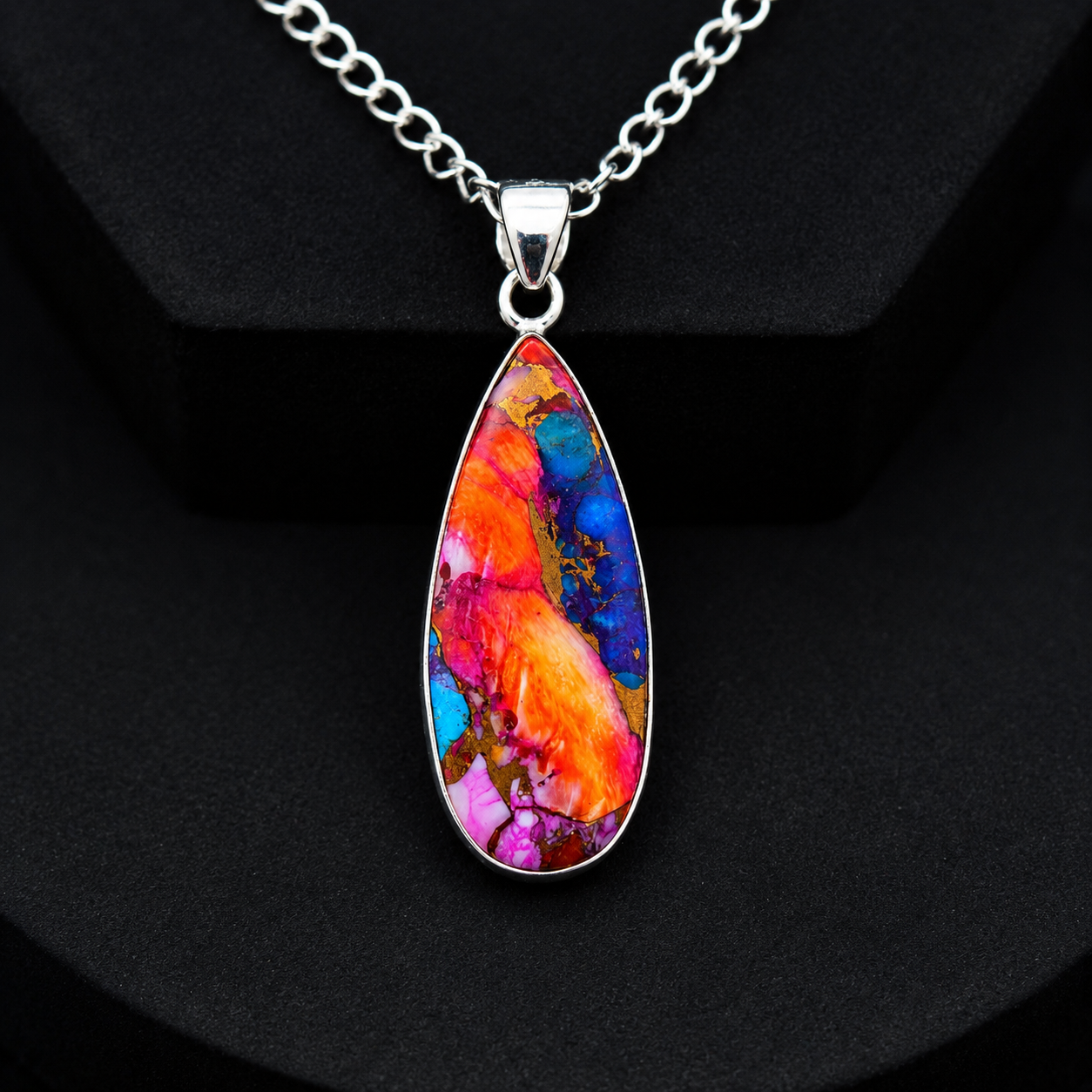 925 sterling silver chain and bail detail on copper turquoise teardrop pendant