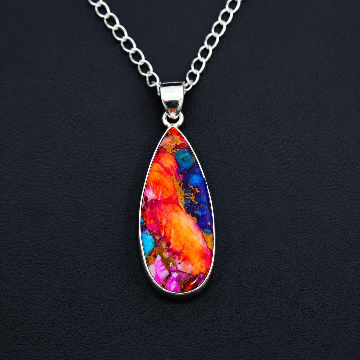Copper turquoise and spiny oyster teardrop pendant necklace, side angle view