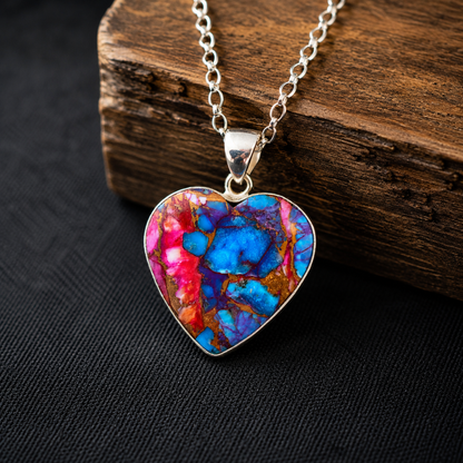 Copper turquoise and spiny oyster composite heart pendant necklace in 925 sterling silver