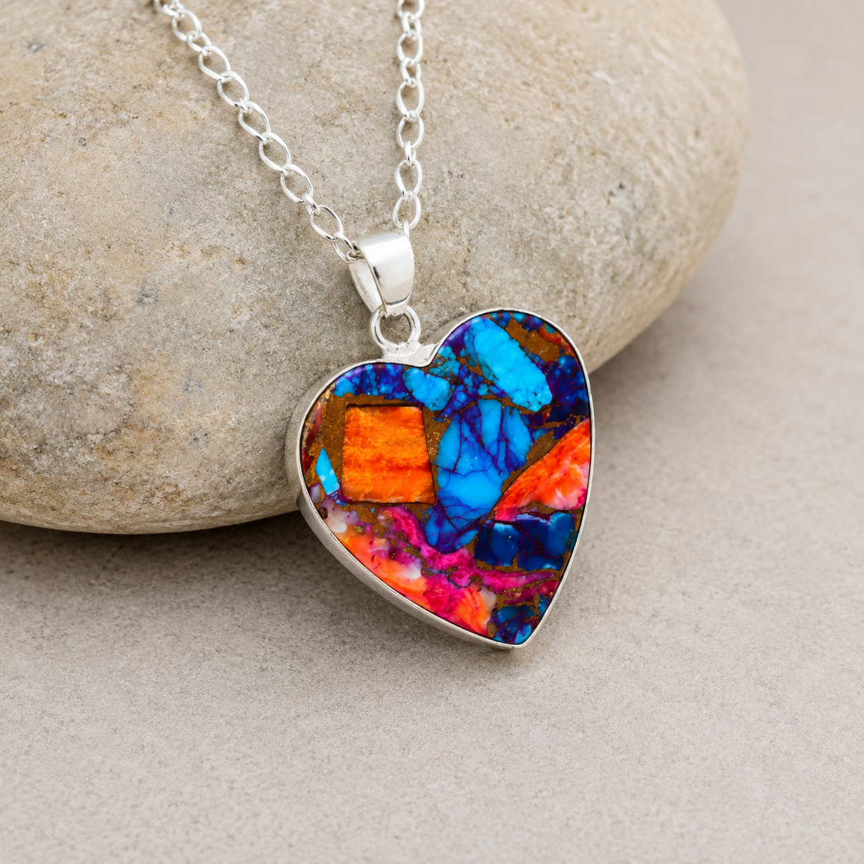 925 sterling silver chain and bail detail on copper turquoise heart pendant