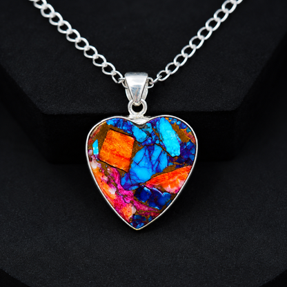 Copper turquoise heart pendant necklace laid flat showing full chain length