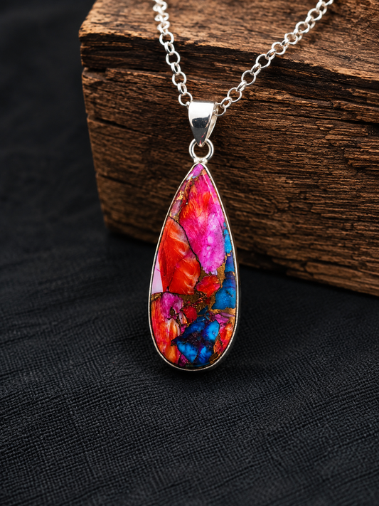 Copper Turquoise & Spiny Oyster Composite Teardrop Pendant Necklace – 925 Sterling Silver