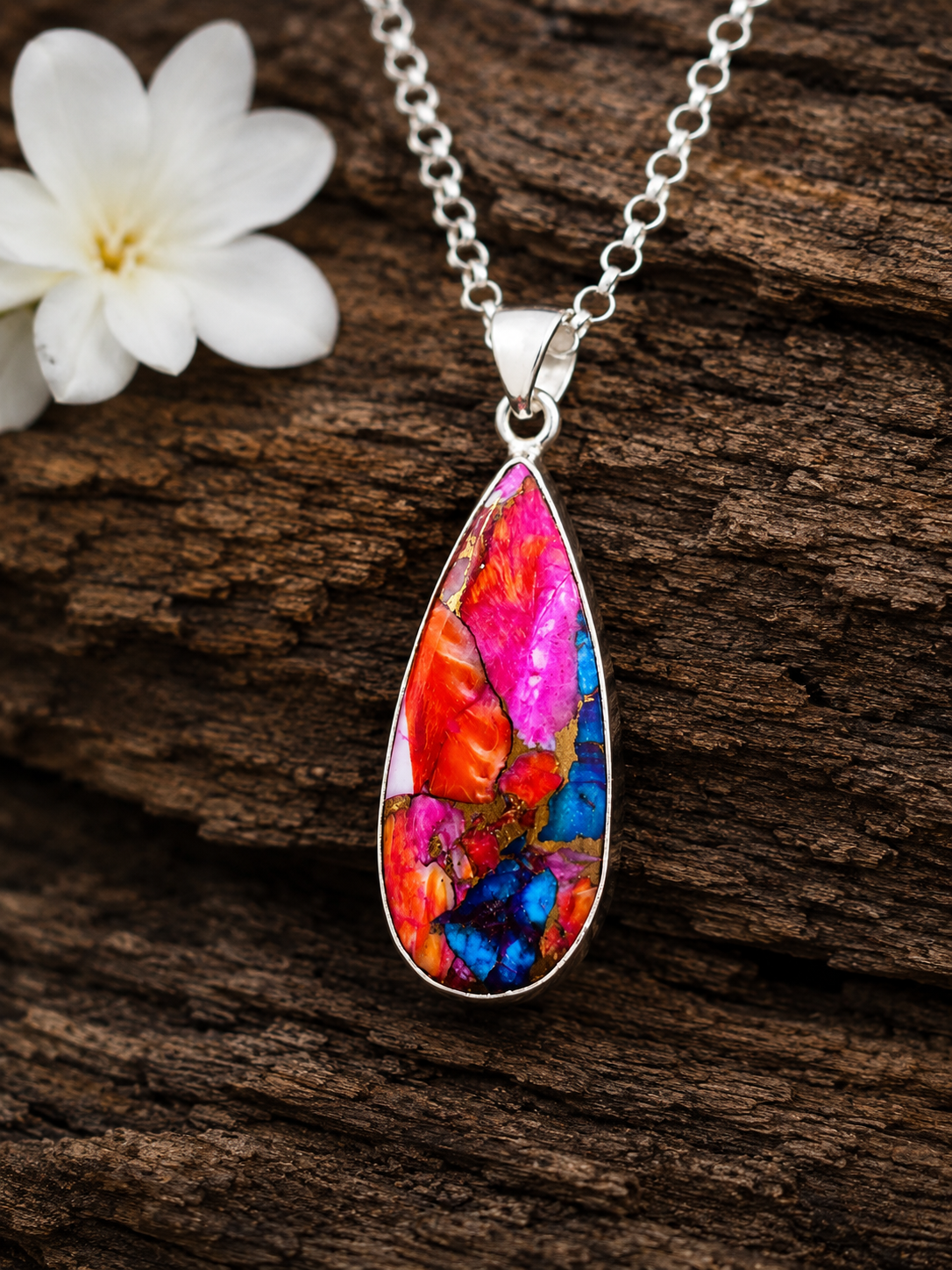 Copper Turquoise & Spiny Oyster Composite Teardrop Pendant Necklace – 925 Sterling Silver