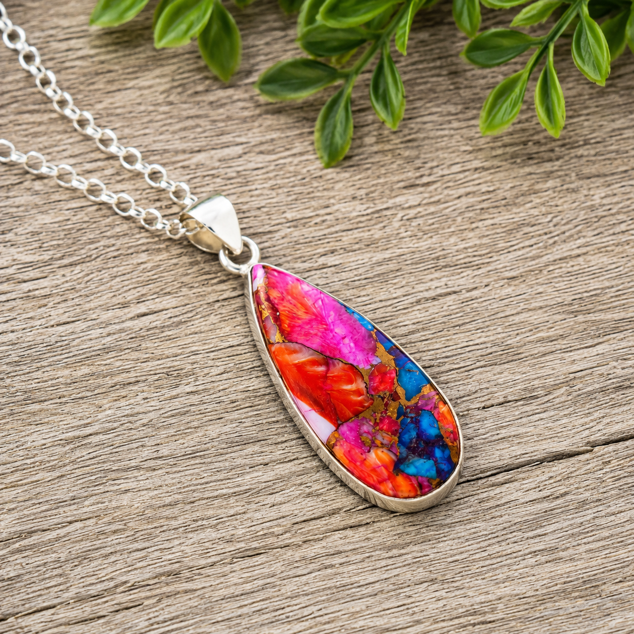 Copper Turquoise & Spiny Oyster Composite Teardrop Pendant Necklace – 925 Sterling Silver