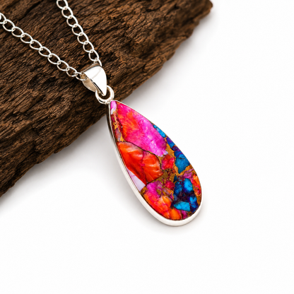 Copper Turquoise & Spiny Oyster Composite Teardrop Pendant Necklace – 925 Sterling Silver