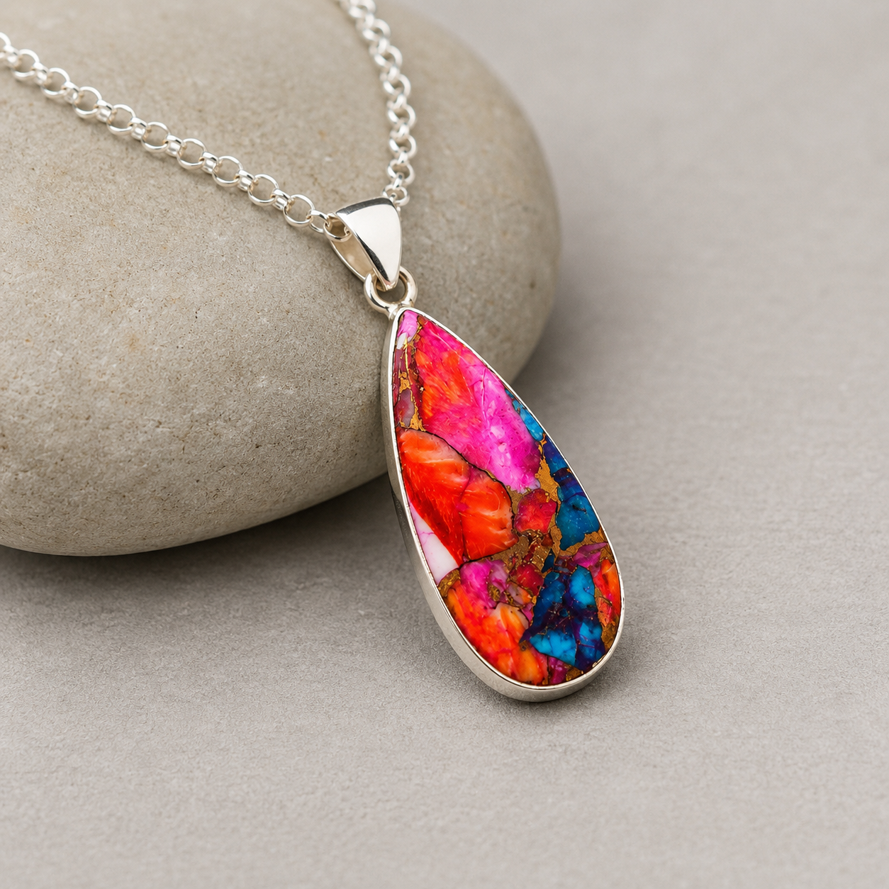 Copper Turquoise & Spiny Oyster Composite Teardrop Pendant Necklace – 925 Sterling Silver