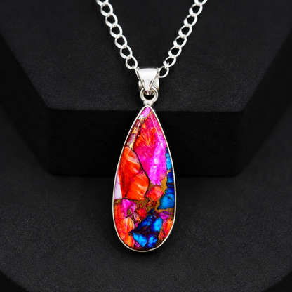 Copper Turquoise & Spiny Oyster Composite Teardrop Pendant Necklace – 925 Sterling Silver