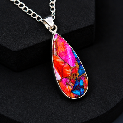 Copper Turquoise & Spiny Oyster Composite Teardrop Pendant Necklace – 925 Sterling Silver