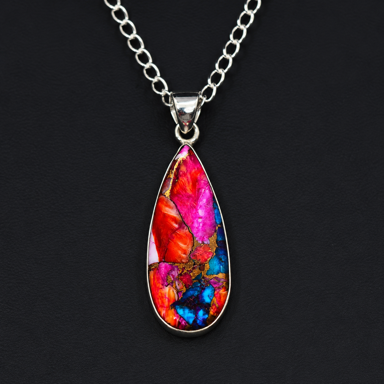 Copper Turquoise & Spiny Oyster Composite Teardrop Pendant Necklace – 925 Sterling Silver