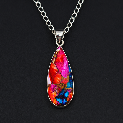 Copper Turquoise & Spiny Oyster Composite Teardrop Pendant Necklace – 925 Sterling Silver