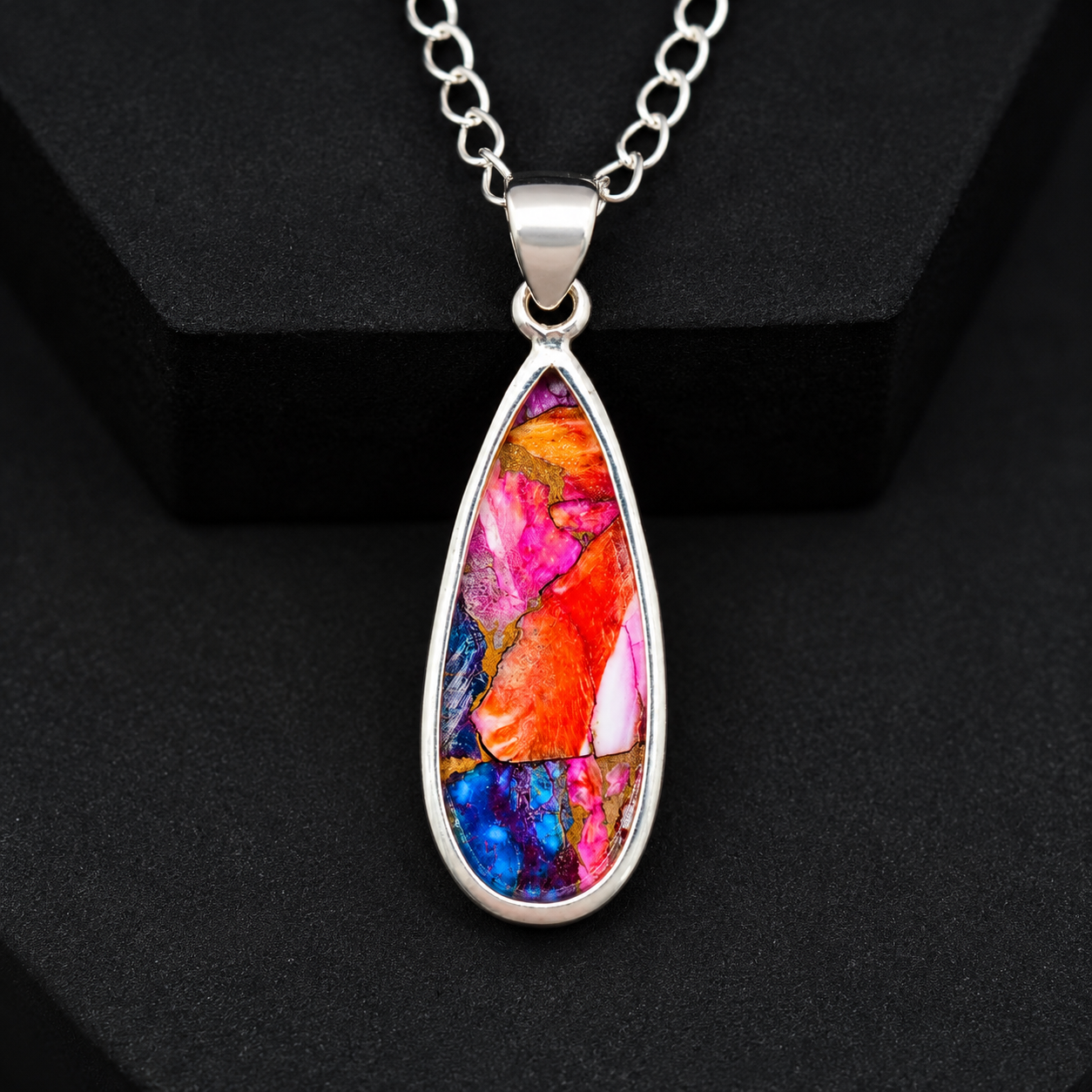 Copper Turquoise & Spiny Oyster Composite Teardrop Pendant Necklace – 925 Sterling Silver