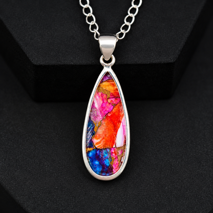 Copper Turquoise & Spiny Oyster Composite Teardrop Pendant Necklace – 925 Sterling Silver