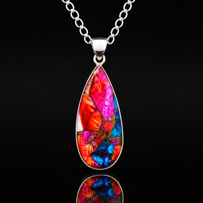 Copper Turquoise & Spiny Oyster Composite Teardrop Pendant Necklace – 925 Sterling Silver
