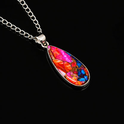 Copper Turquoise & Spiny Oyster Composite Teardrop Pendant Necklace – 925 Sterling Silver