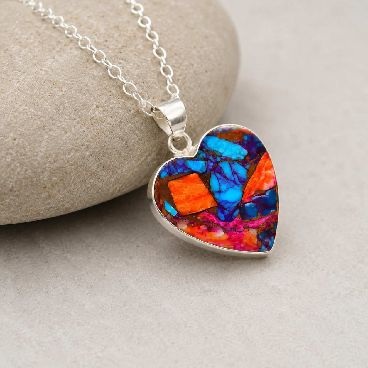 Copper turquoise and spiny oyster heart pendant necklace, side angle view
